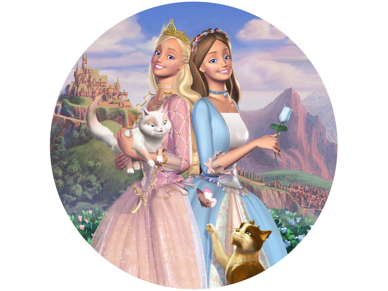 tortenaufleger barbie als die prinzessin und das dorfmaedchen rund 20cm