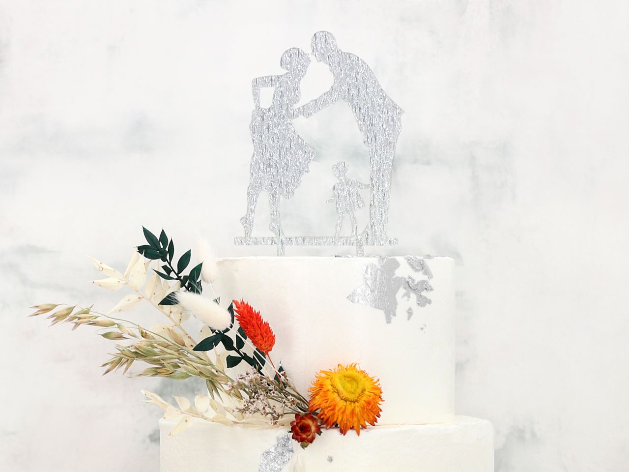 cake topper brautpaar mit kind silber